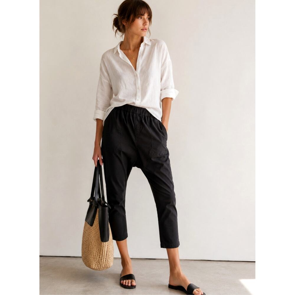Nili Lotan M Elastic Waist Casablanca Pants $395 Crop Cotton Jet Black NWT - Picture 13 of 14